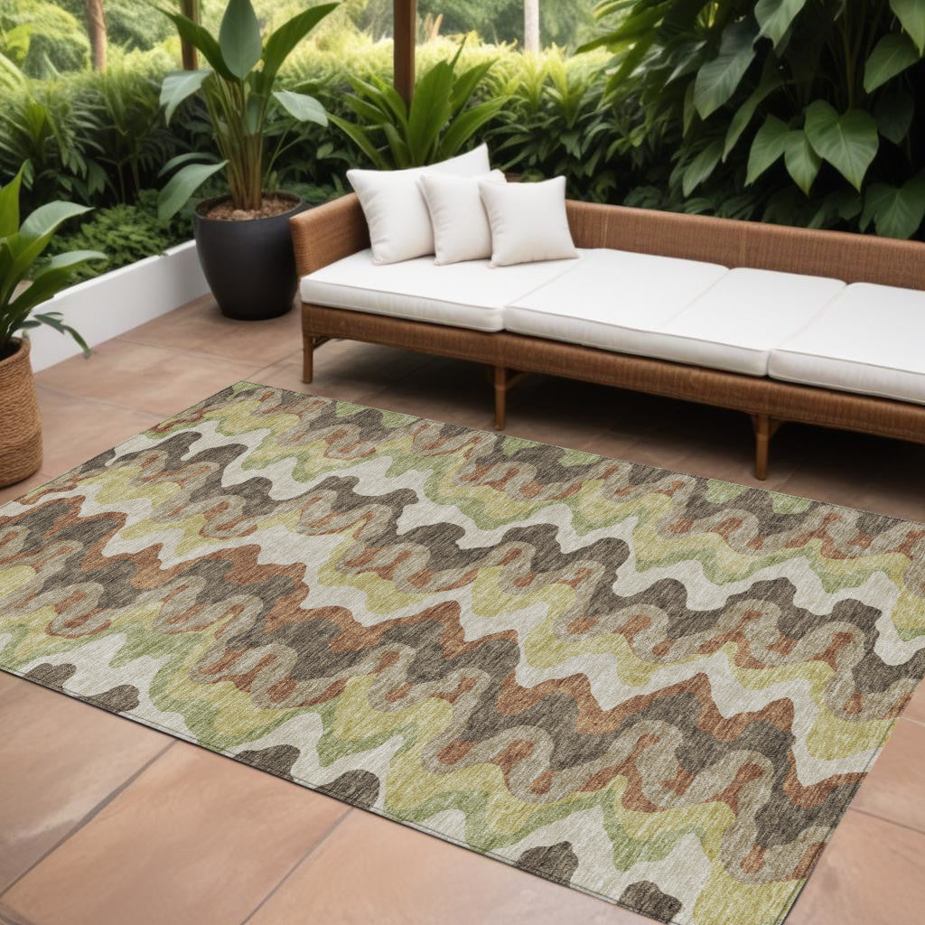 9' X 12' Chocolate Copper And Artichoke Green Abstract Washable Indoor Outdoor Area Rug