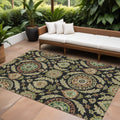 10' X 14' Black Gold And Copper Floral Washable Indoor Outdoor Area Rug