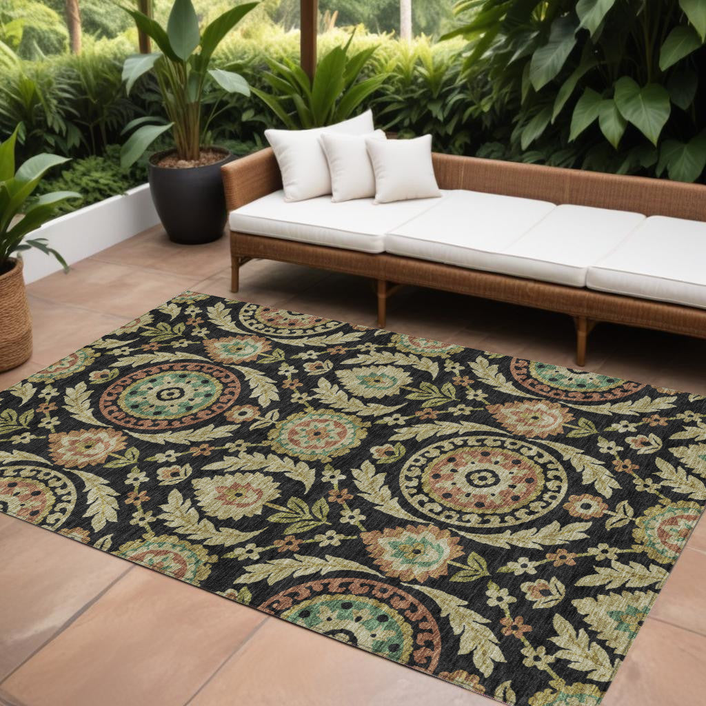 10' X 14' Black Gold And Copper Floral Washable Indoor Outdoor Area Rug