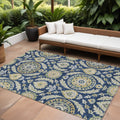 10' X 14' Navy Blue Gold And Beige Floral Washable Indoor Outdoor Area Rug