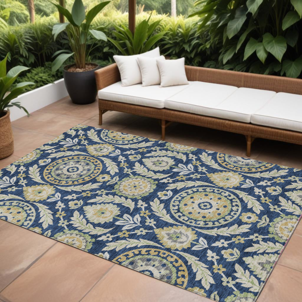 10' X 14' Navy Blue Gold And Beige Floral Washable Indoor Outdoor Area Rug