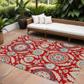8' X 10' Red Beige And Navy Blue Floral Washable Indoor Outdoor Area Rug