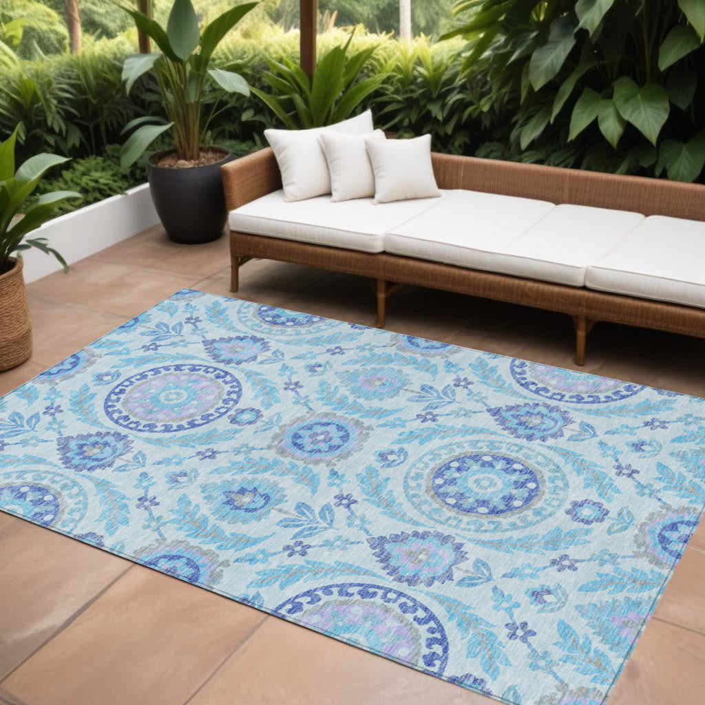 8' X 10' Sky Blue And Lavender Floral Washable Indoor Outdoor Area Rug