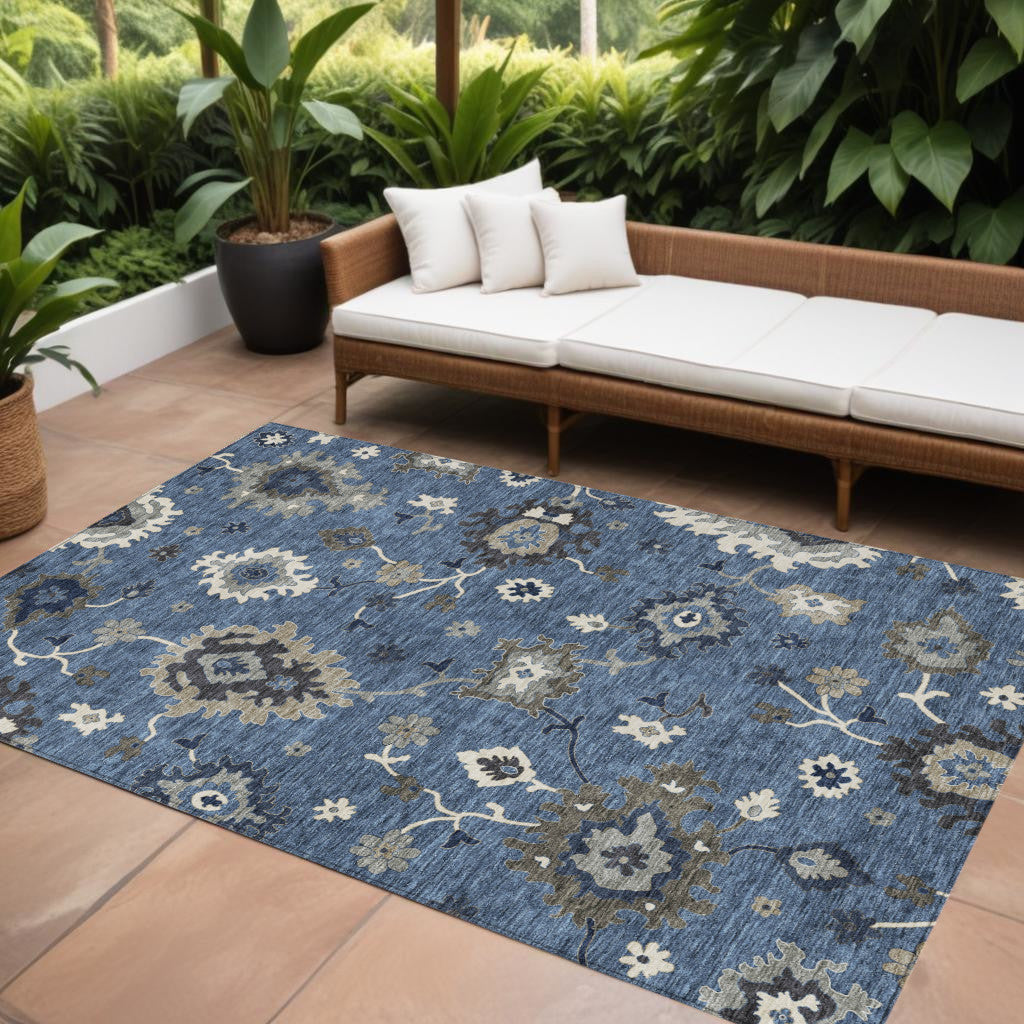 8' X 10' Blue Gray And White Floral Washable Indoor Outdoor Area Rug