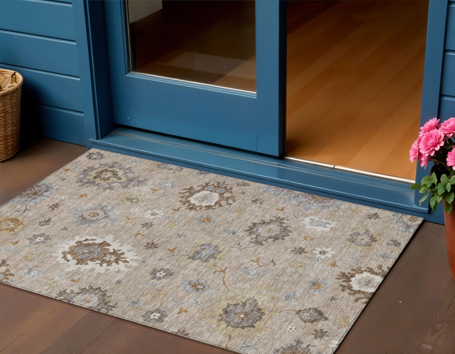3' X 5' Taupe Silver And Gray Floral Washable Indoor Outdoor Area Rug