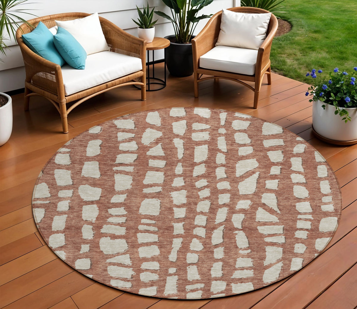 8' Orange And Ivory Round Abstract Washable Indoor Outdoor Area Rug
