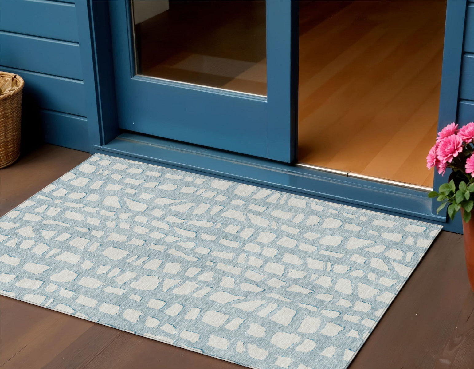 3' X 5' Sky Blue And Ivory Abstract Washable Indoor Outdoor Area Rug