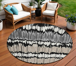 8' Black Silver And Gray Round Striped Washable Indoor Outdoor Area Rug