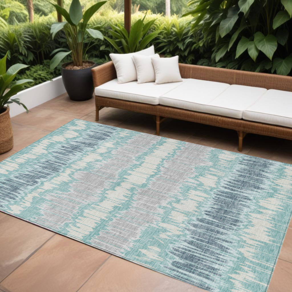 10' X 14' Teal Blue Aqua And Silver Striped Washable Indoor Outdoor Area Rug