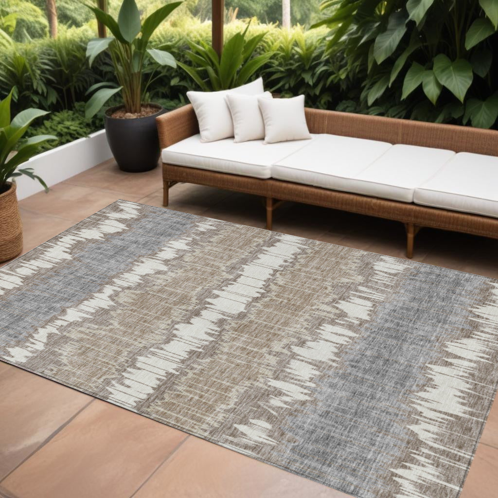 8' X 10' Taupe Brown And Ivory Striped Washable Indoor Outdoor Area Rug
