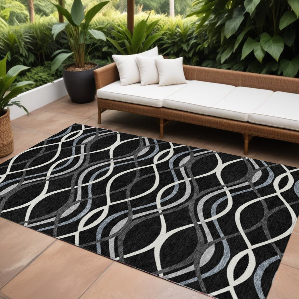 10' X 14' Black Gray And Ivory Abstract Washable Indoor Outdoor Area Rug