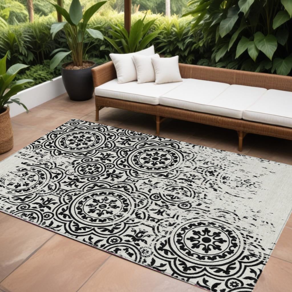 8' X 10' Black And Ivory Medallion Washable Indoor Outdoor Area Rug