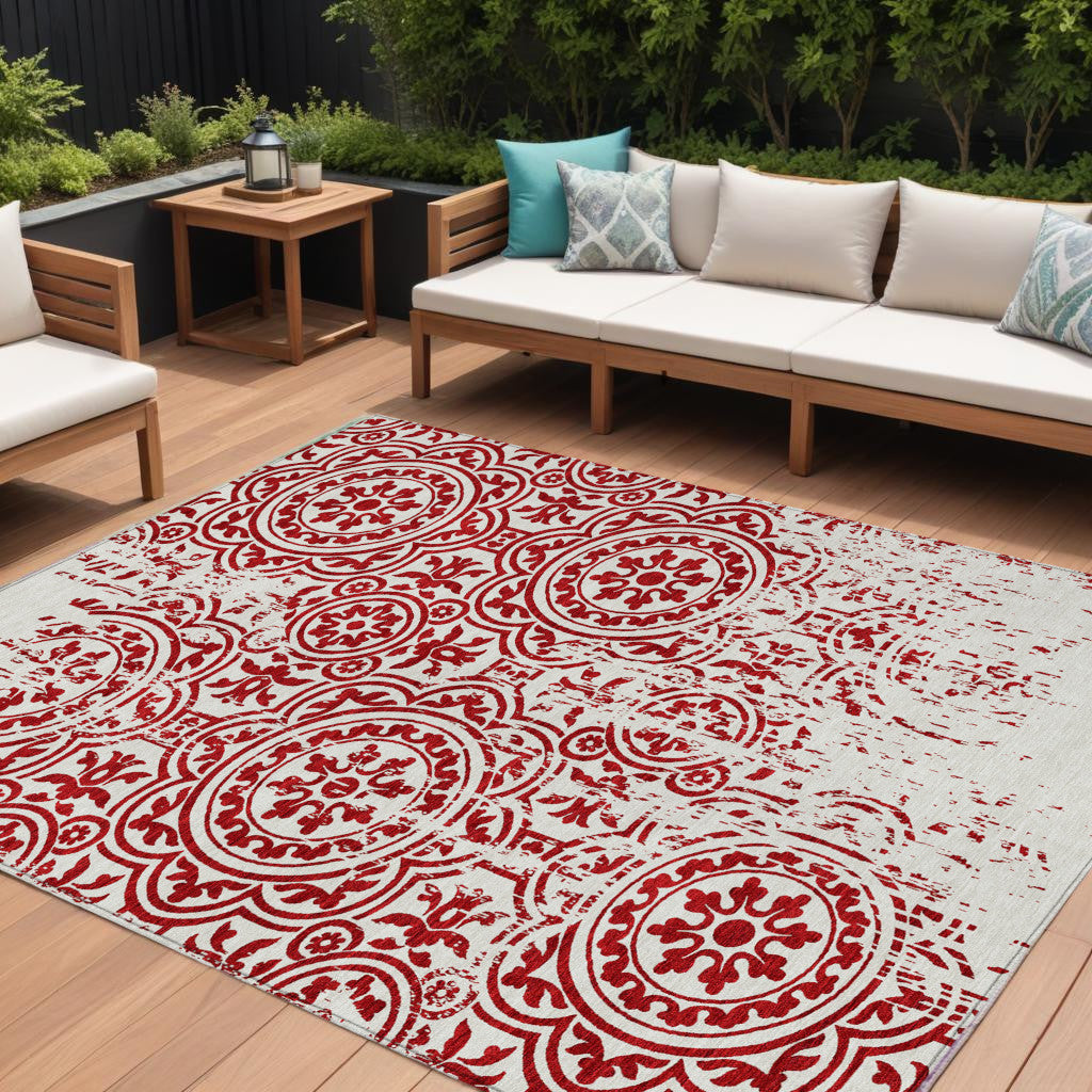 8' X 10' Red And Ivory Medallion Washable Indoor Outdoor Area Rug
