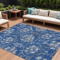 8' X 10' Navy Blue And Silver Floral Washable Indoor Outdoor Area Rug