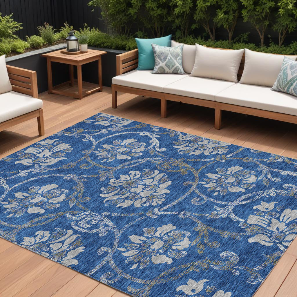 8' X 10' Navy Blue And Silver Floral Washable Indoor Outdoor Area Rug