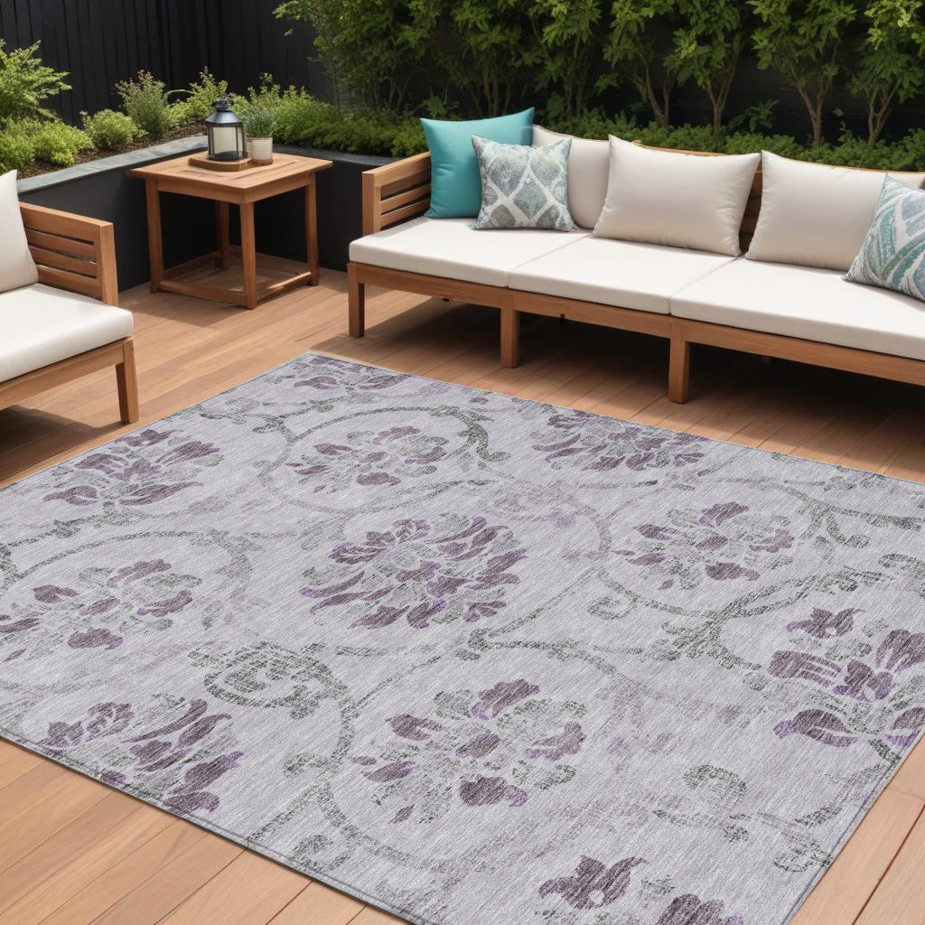 8' X 10' Lavender Purple And Gray Floral Washable Indoor Outdoor Area Rug