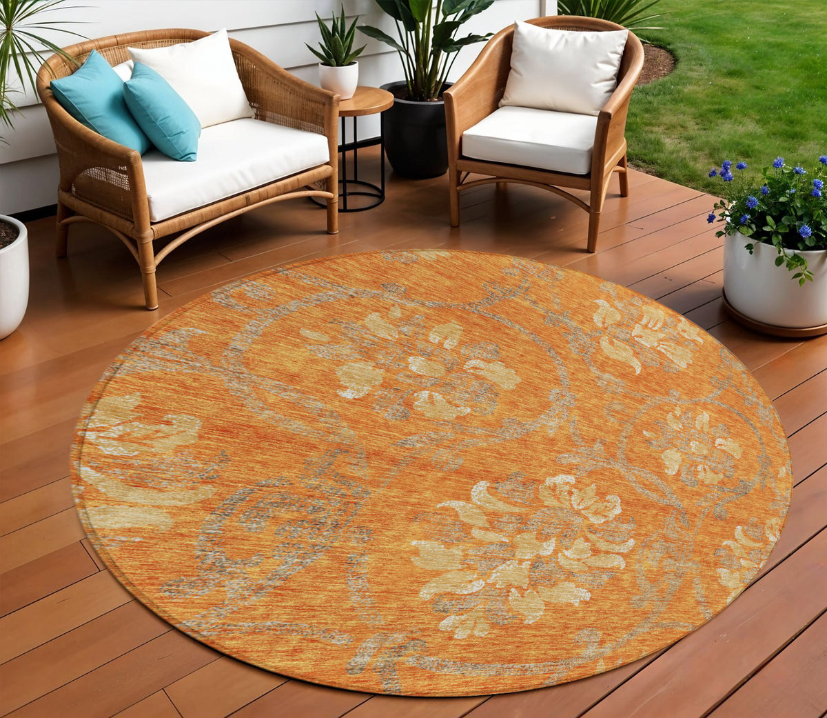 8' Orange Gray And Beige Round Floral Washable Indoor Outdoor Area Rug