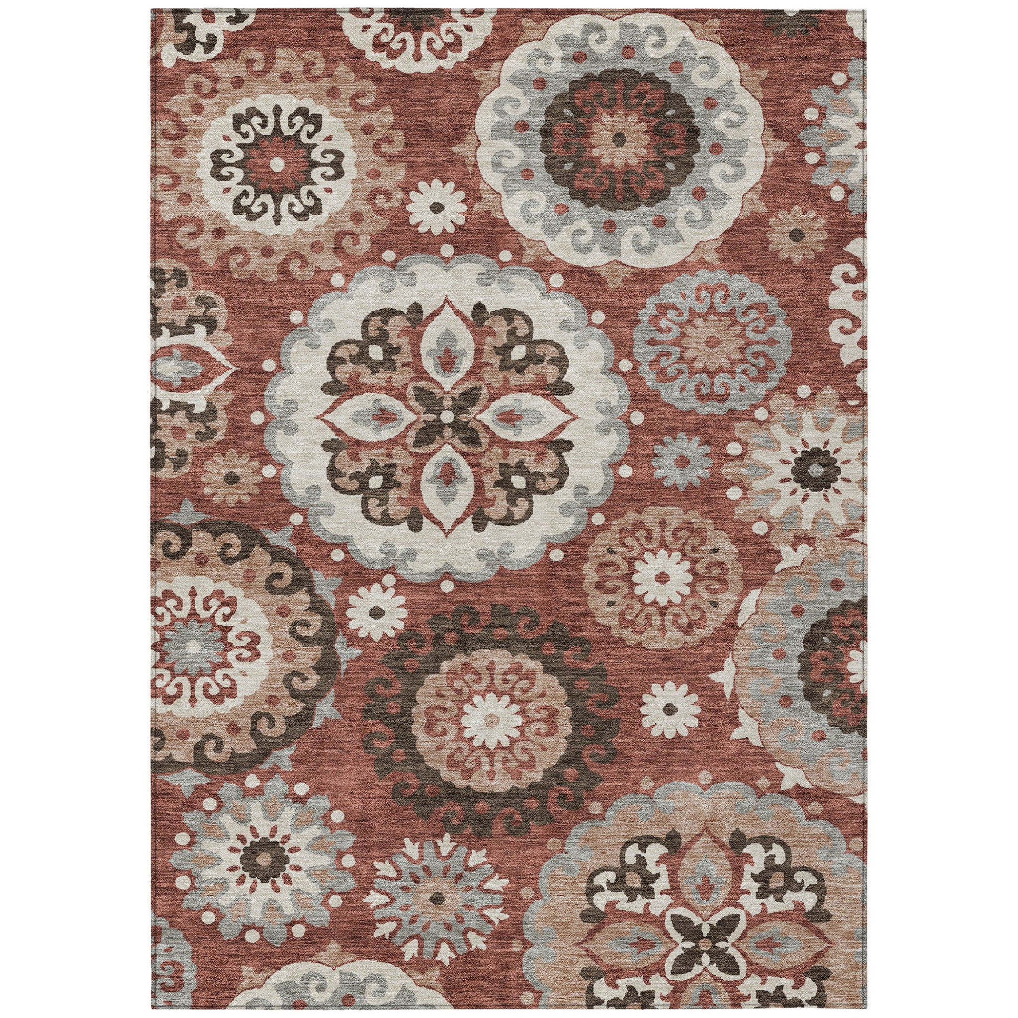 3' X 5' Orange Taupe And Gray Floral Medallion Washable Indoor Outdoor Area Rug