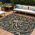 8' X 10' Black Taupe And Gold Floral Washable Indoor Outdoor Area Rug