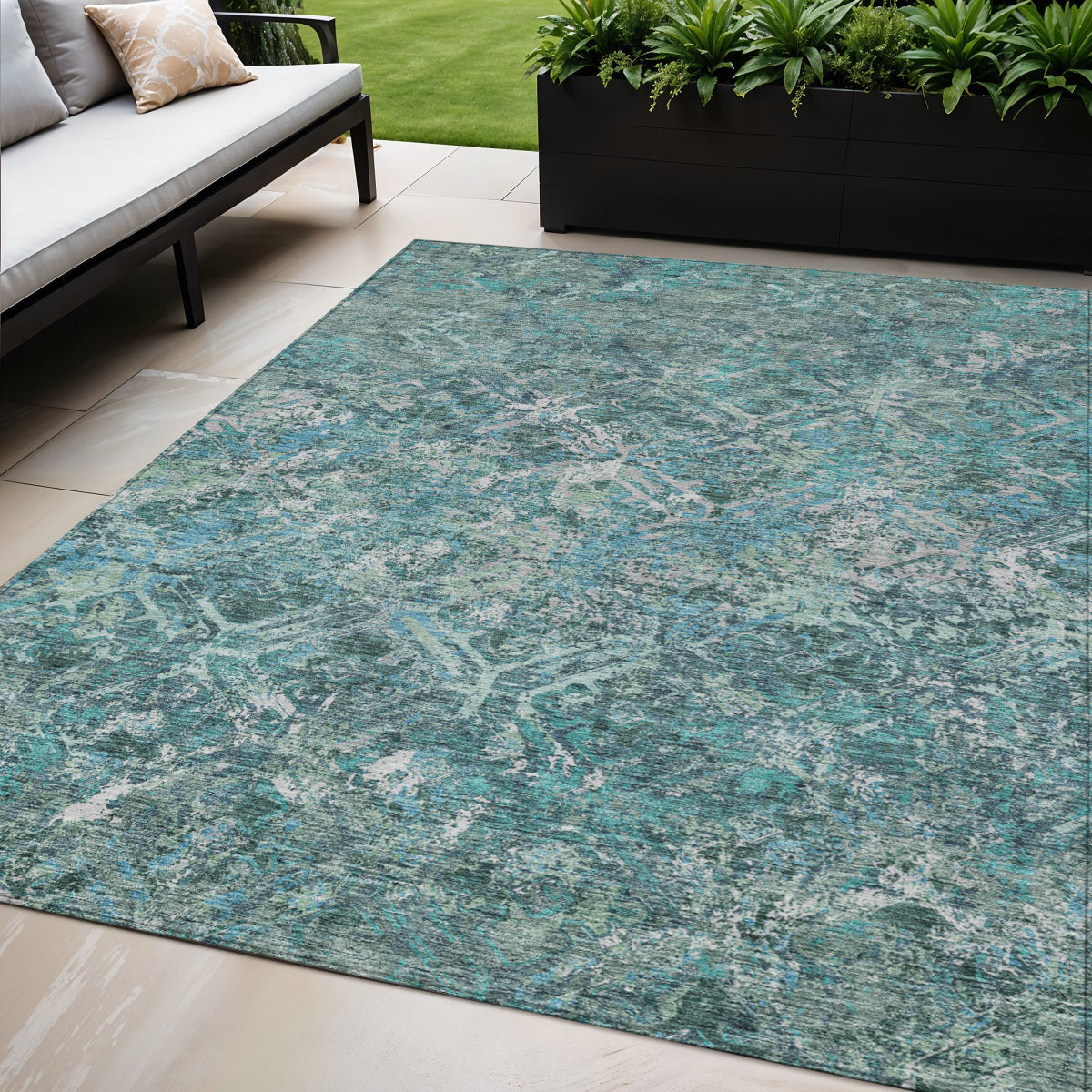 5' X 8' Sage Teal Blue And Gray Geometric Washable Indoor Outdoor Area Rug