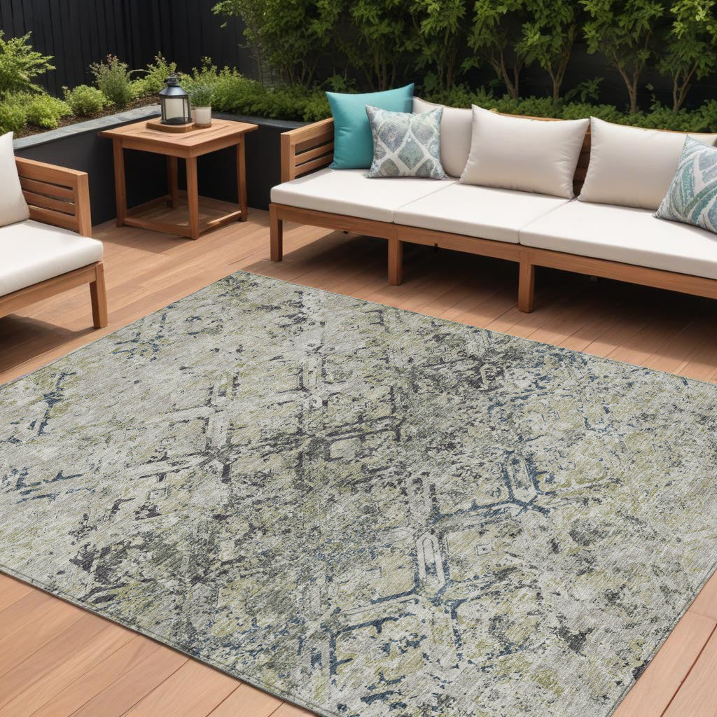 9' X 12' Silver Gray And Charcoal Geometric Washable Indoor Outdoor Area Rug