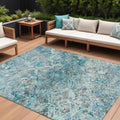 10' X 14' Teal Blue Gray And Charcoal Geometric Washable Indoor Outdoor Area Rug