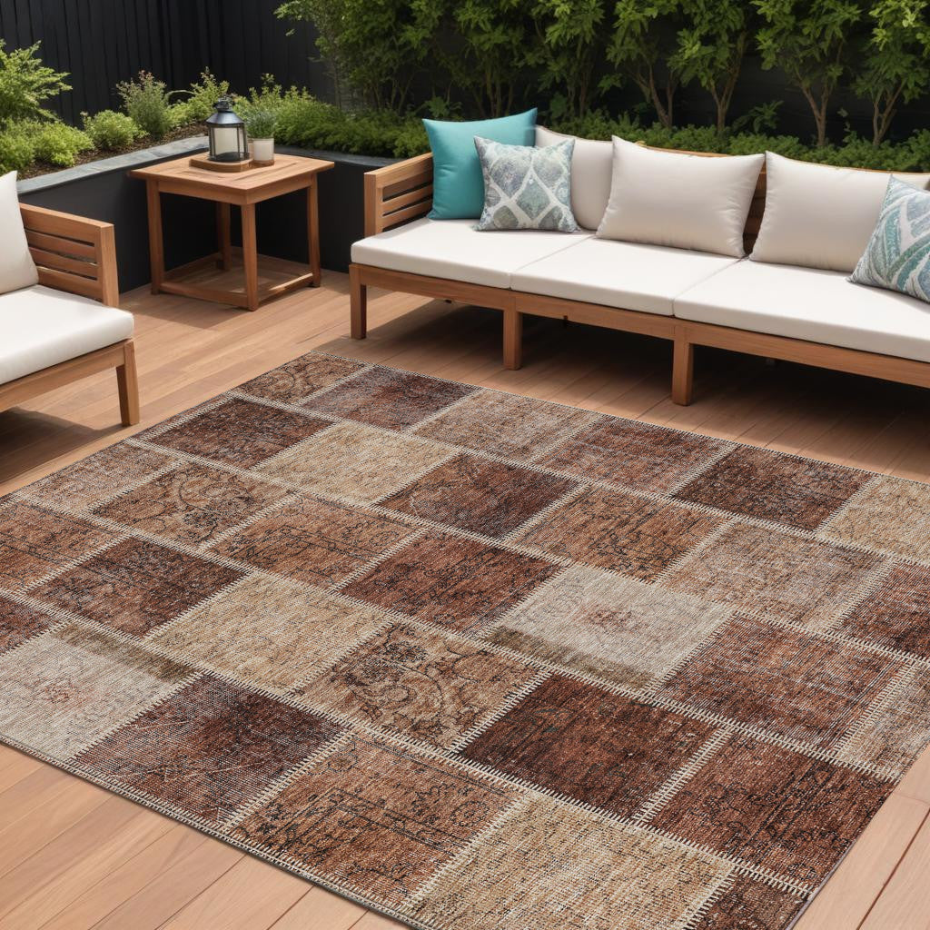 8' X 10' Orange Copper And Beige Patchwork Washable Indoor Outdoor Area Rug