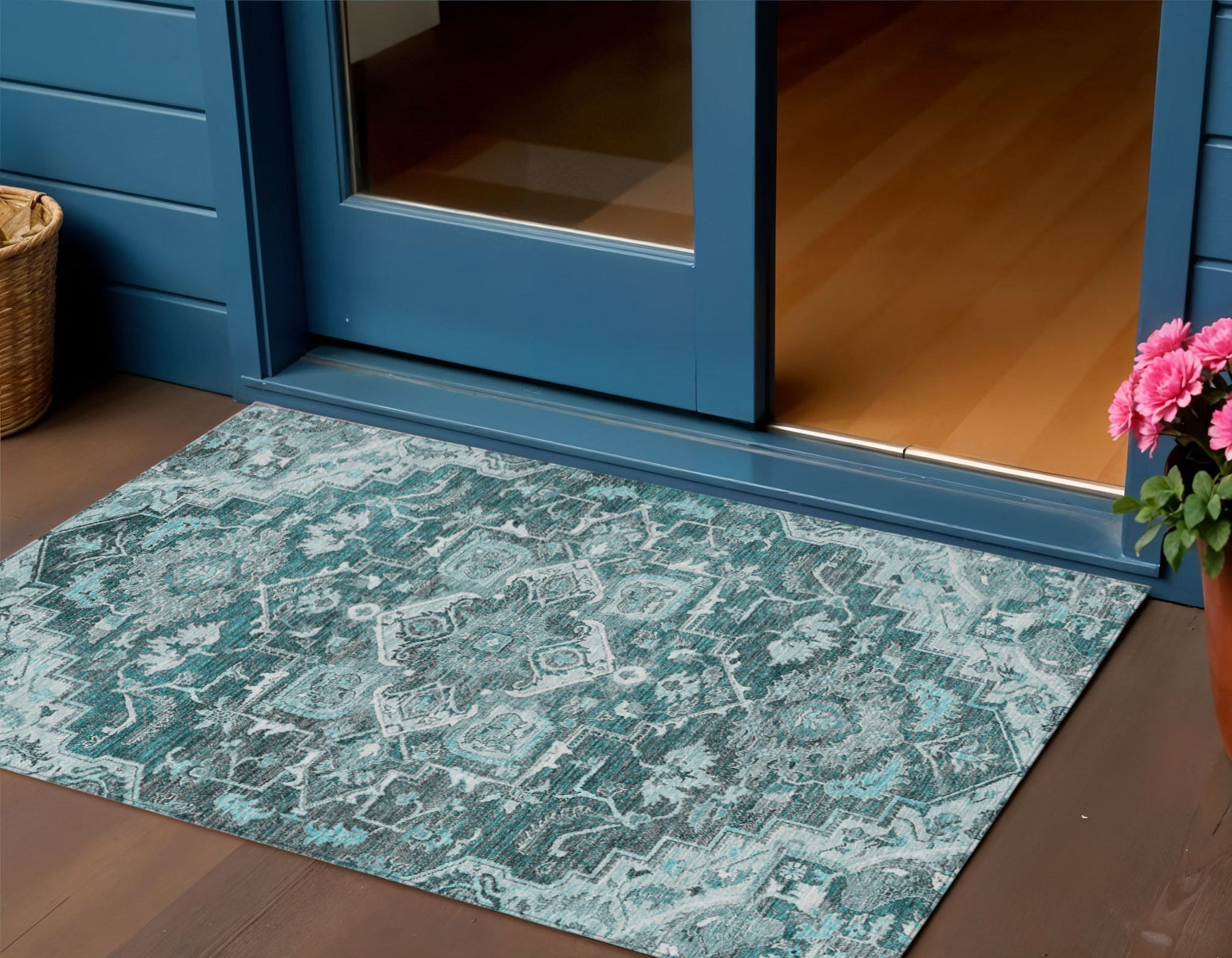 3' X 5' Teal Blue Gray And Charcoal Oriental Washable Indoor Outdoor Area Rug