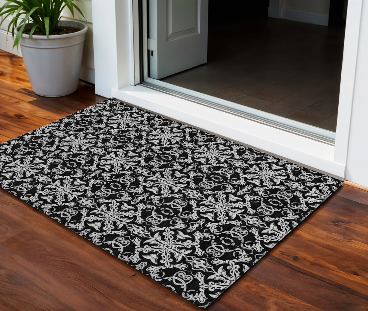3' X 5' Ivory And Black Medallion Washable Indoor Outdoor Area Rug