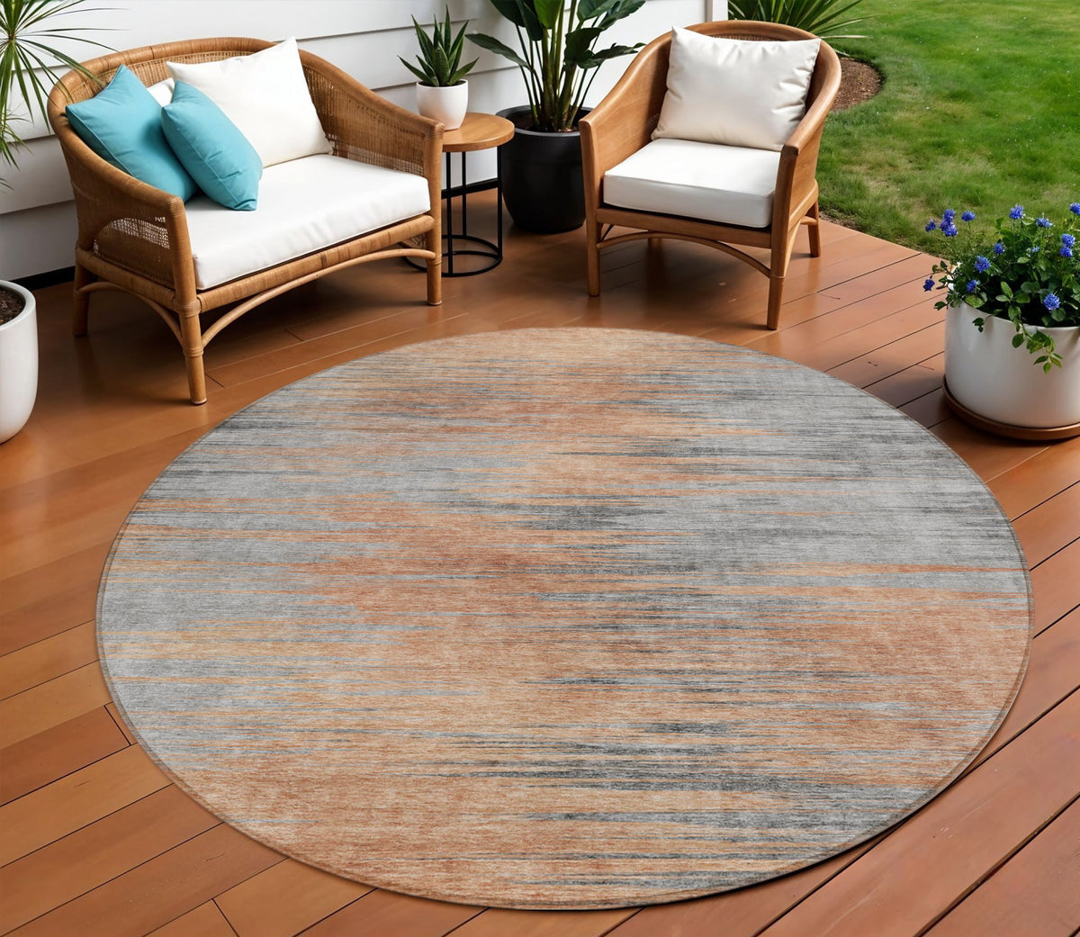 8' Salmon Gray And Charcoal Round Abstract Washable Indoor Outdoor Area Rug