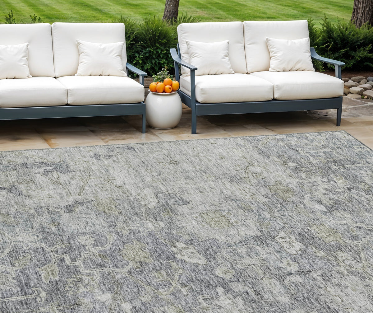 8' X 10' Gray Beige And Charcoal Oriental Washable Indoor Outdoor Area Rug