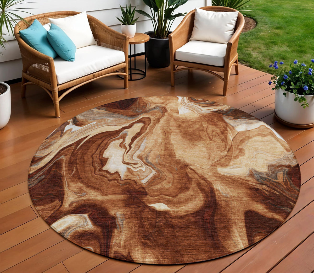 8' Orange Copper And Ivory Round Abstract Washable Indoor Outdoor Area Rug
