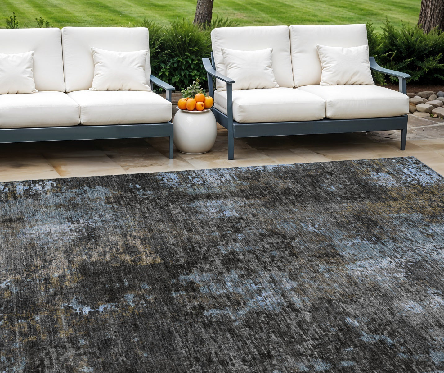 8' X 10' Graphite Charcoal And Silver Abstract Washable Indoor Outdoor Area Rug