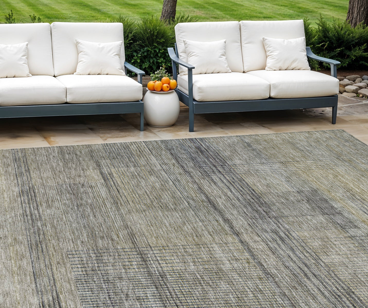 10' X 14' Khaki Beige And Gray Striped Washable Indoor Outdoor Area Rug
