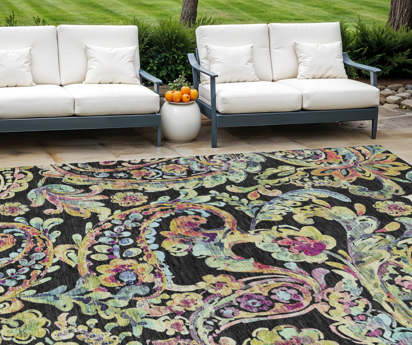 8' X 10' Black And Artichoke Green Paisley Washable Indoor Outdoor Area Rug