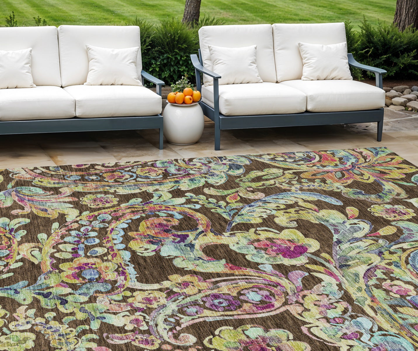 10' X 14' Chocolate And Artichoke Green Paisley Washable Indoor Outdoor Area Rug