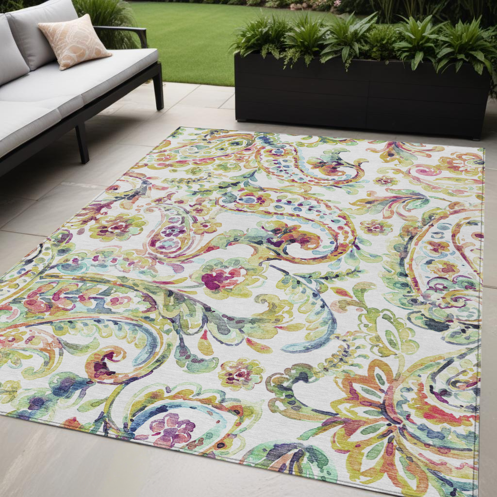 5' X 8' Ivory Fern Green And Artichoke Green Paisley Washable Indoor Outdoor Area Rug