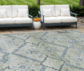 8' X 10' Artichoke Green Denim Blue And Silver Floral Washable Indoor Outdoor Area Rug