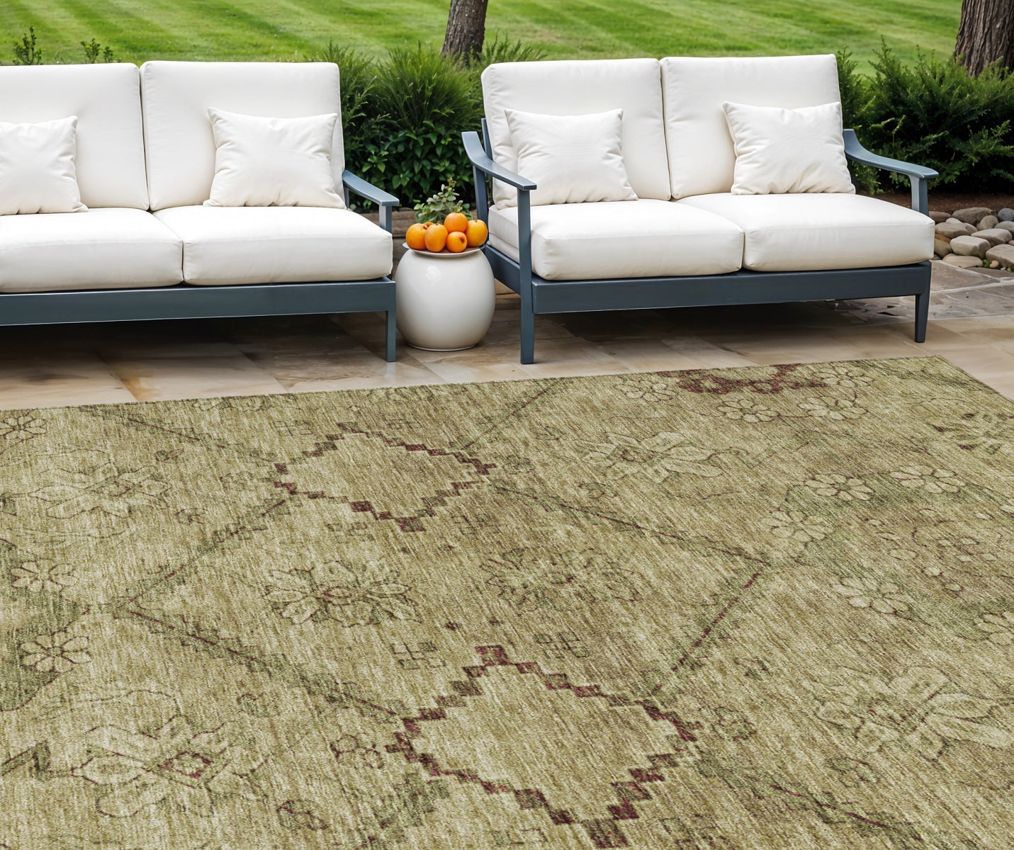8' X 10' Brown Beige And Artichoke Green Floral Washable Indoor Outdoor Area Rug