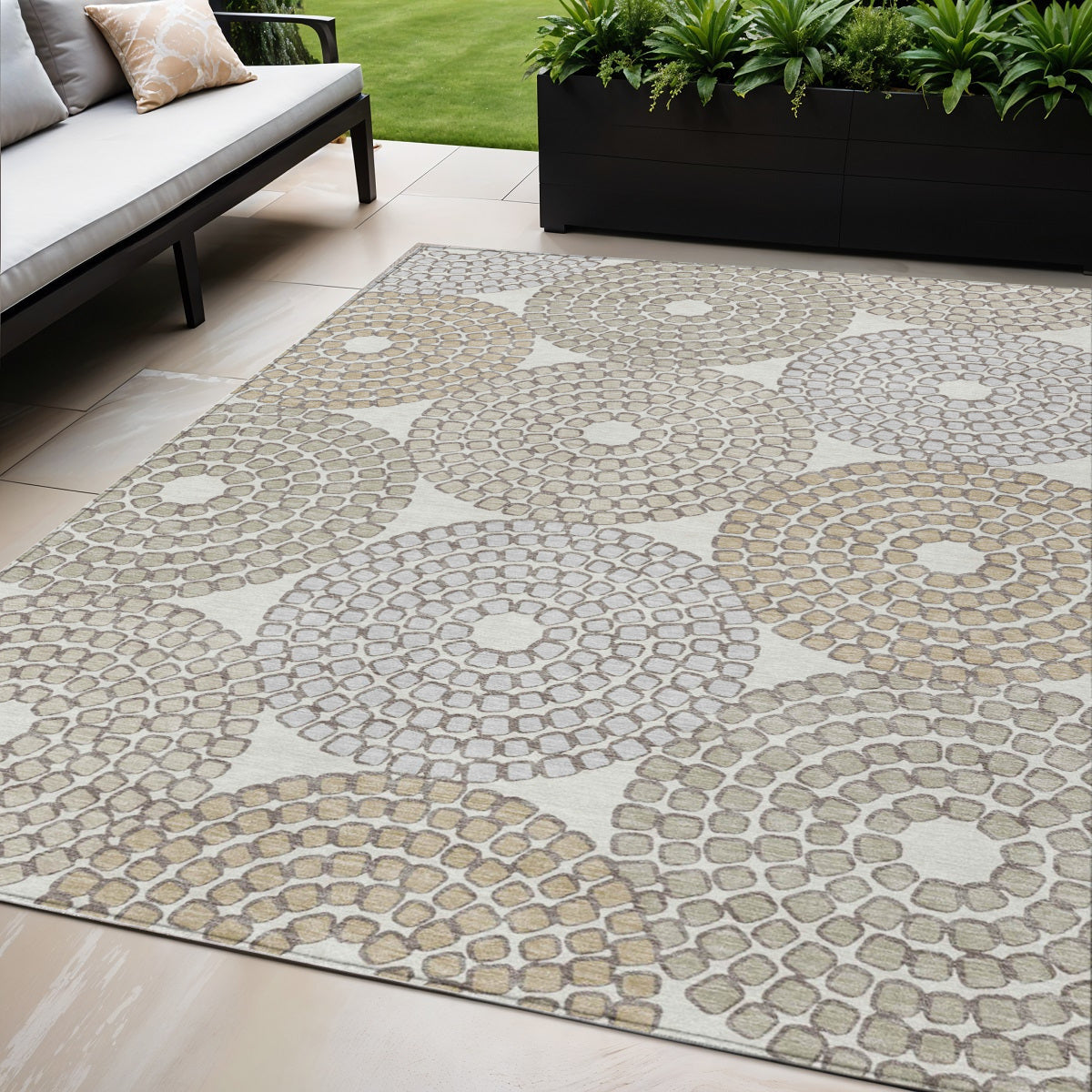 5' X 8' Ivory Brown And Gray Geometric Washable Indoor Outdoor Area Rug