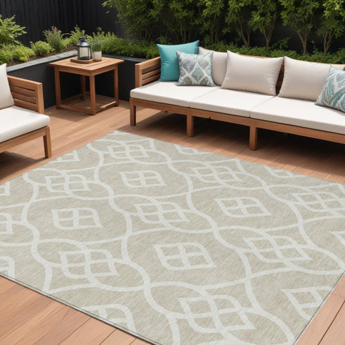10' X 14' Beige And Ivory Trellis Washable Indoor Outdoor Area Rug