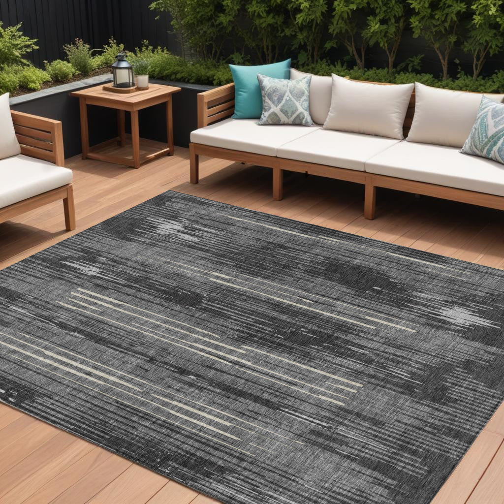 9' X 12' Charcoal Gray And Ivory Striped Washable Indoor Outdoor Area Rug