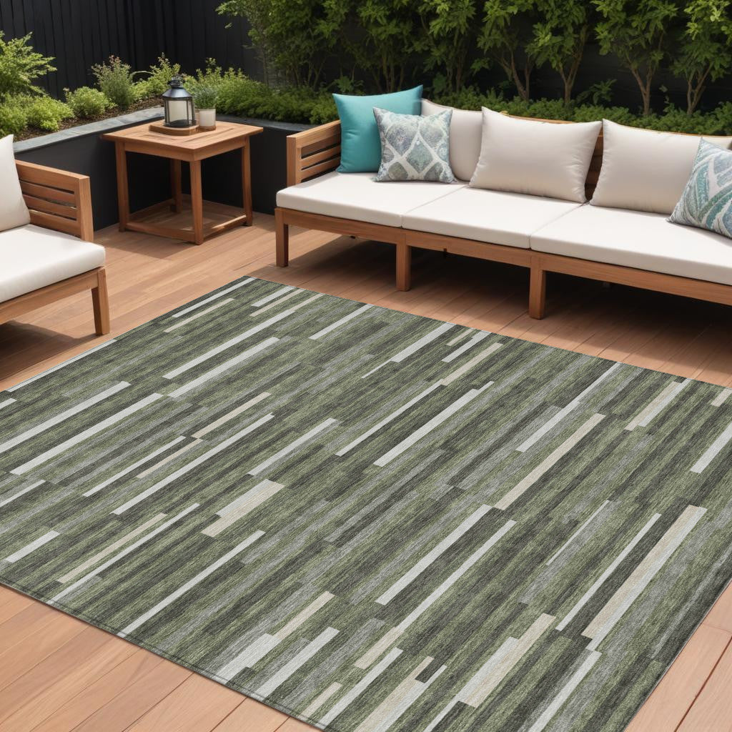 10' X 14' Olive Green Gray And Ivory Striped Washable Indoor Outdoor Area Rug