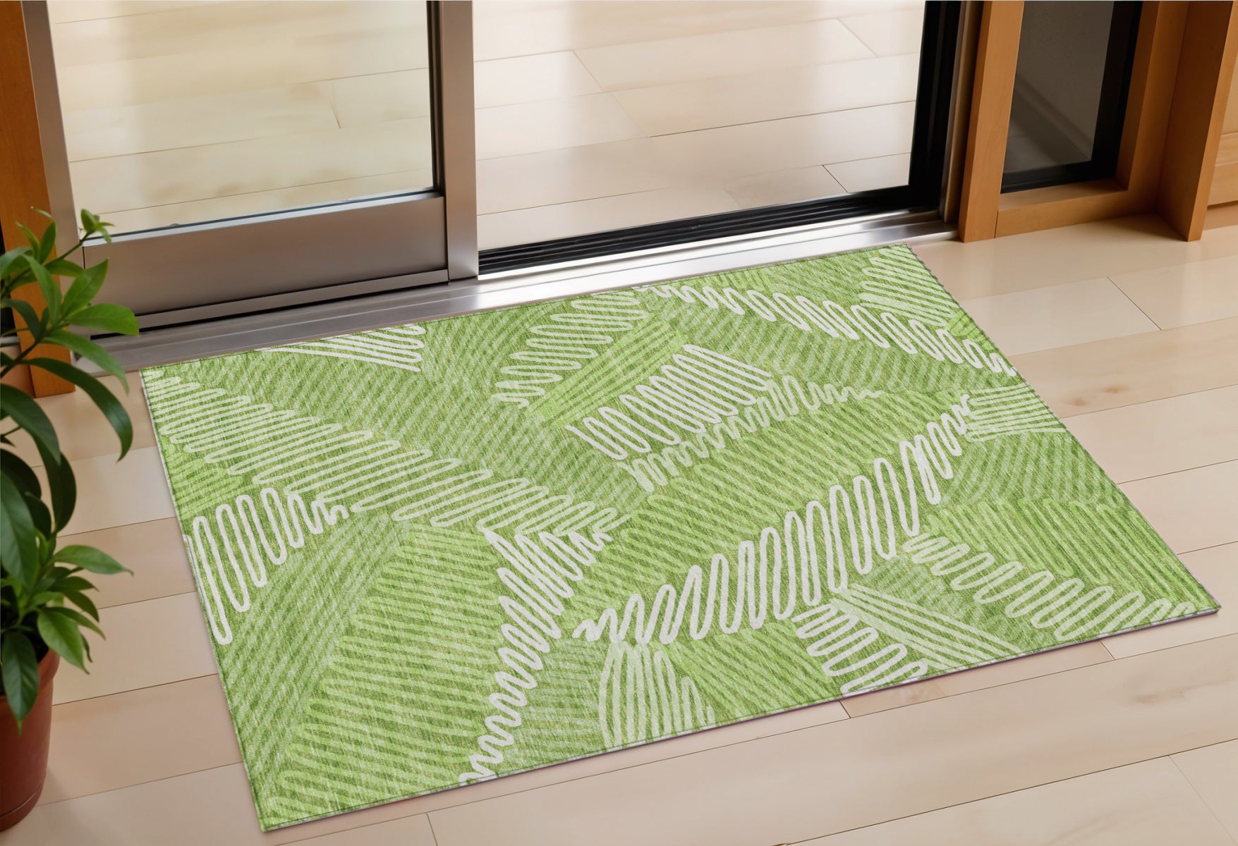 3' X 5' Lime Green And Ivory Floral Washable Indoor Outdoor Area Rug