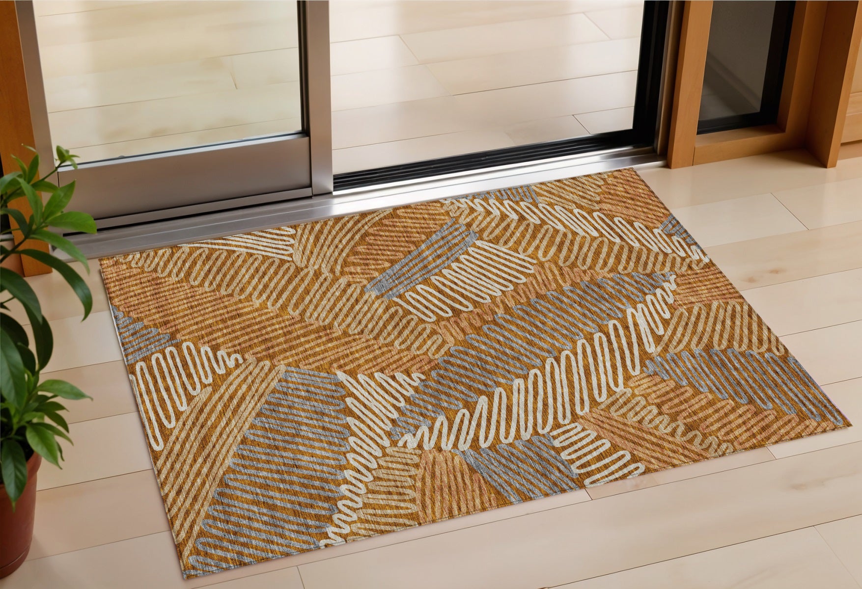 3' X 5' Orange Beige And Gray Floral Washable Indoor Outdoor Area Rug