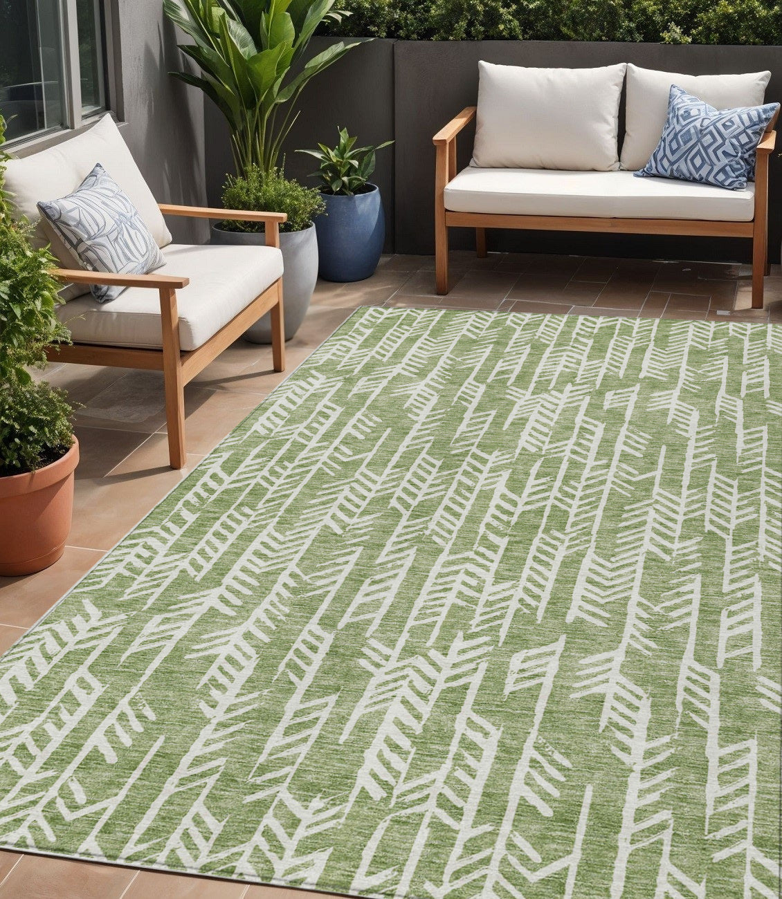 5' X 8' Green And Ivory Tribal Washable Indoor Outdoor Area Rug
