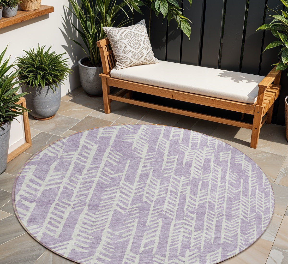 8' Lavender And Ivory Round Tribal Washable Indoor Outdoor Area Rug