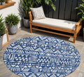 8' Navy Blue And Ivory Round Southwestern Washable Indoor Outdoor Area Rug