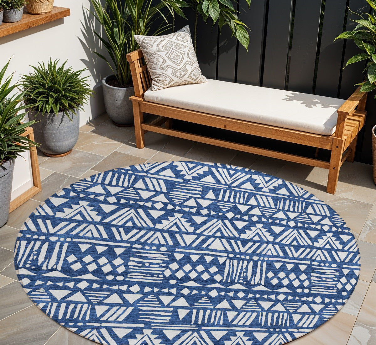 8' Navy Blue And Ivory Round Southwestern Washable Indoor Outdoor Area Rug