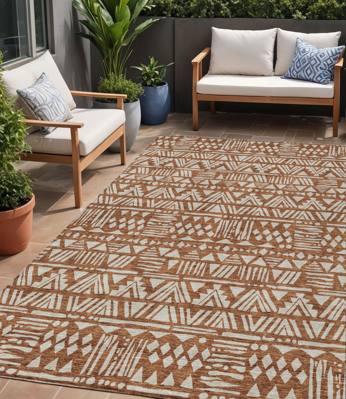 5' X 8' Terra Cotta And Beige Southwestern Washable Indoor Outdoor Area Rug